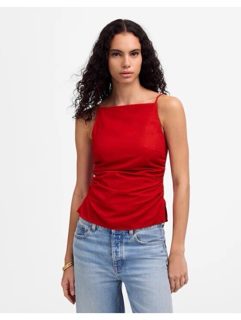 Madewell Ruched Square Neck Tank Size 10 Linen Cotton Blend Red